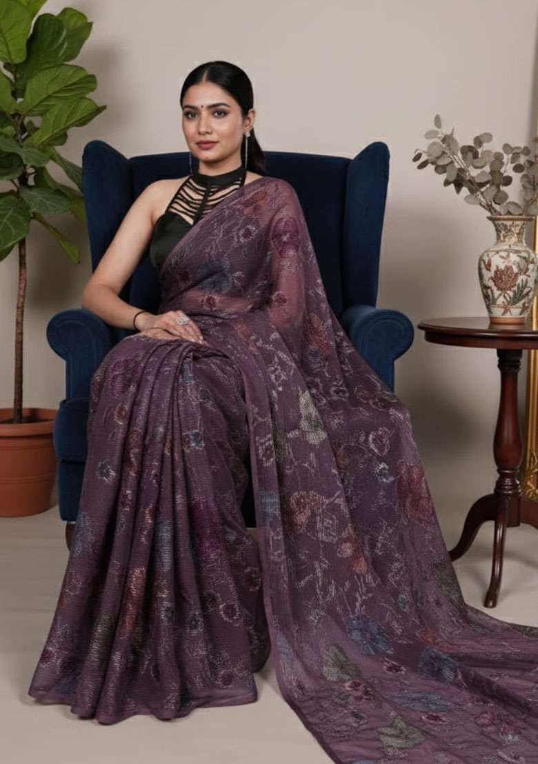 Wine Lurex Brasso Saree Set with Embroidery for Diwali | Wedding & Festive Wear - Indya
