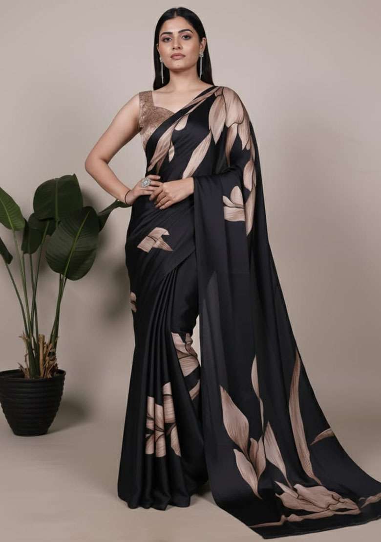 Black Silk Blend Saree Set with Embroidery for Diwali | Wedding & Festive Wear - Indya