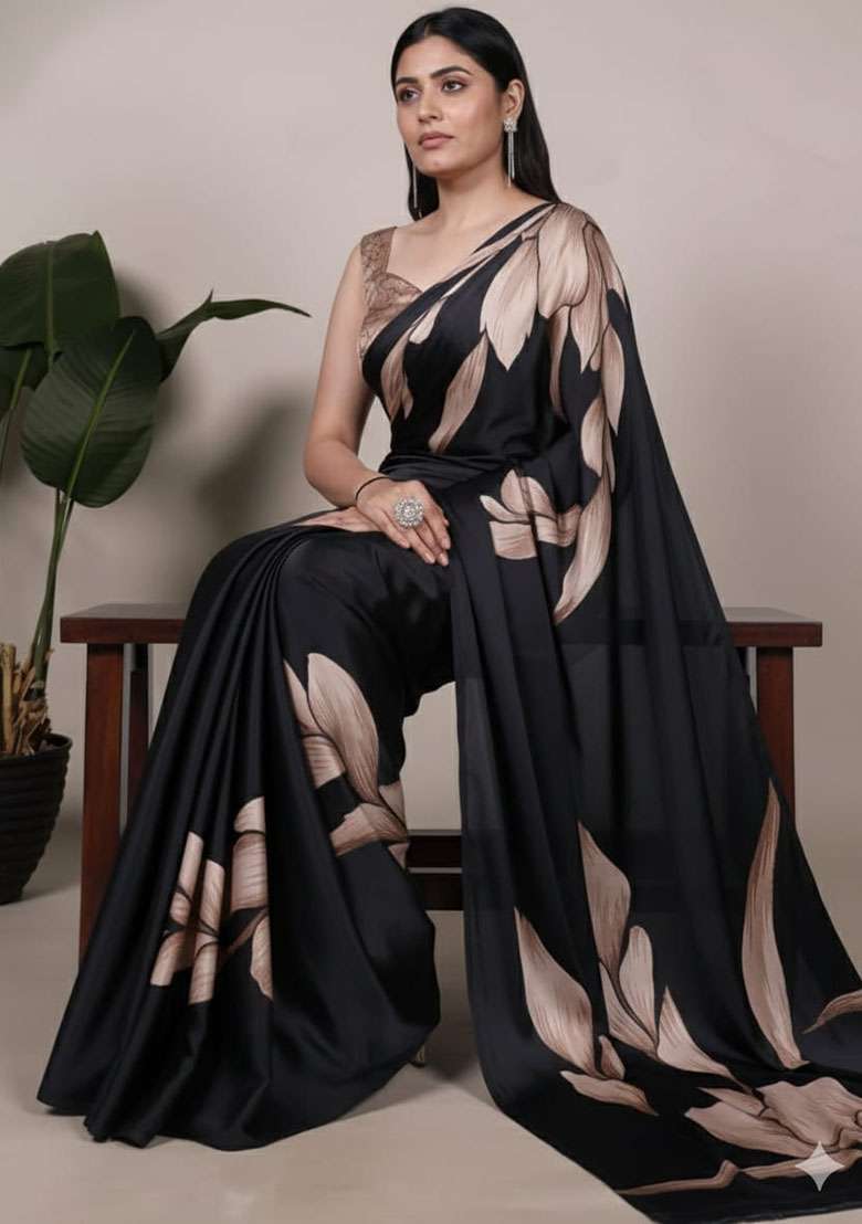 Black Silk Blend Saree Set with Embroidery for Diwali | Wedding & Festive Wear - Indya