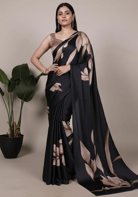Black Embroidery Silk Saree Set