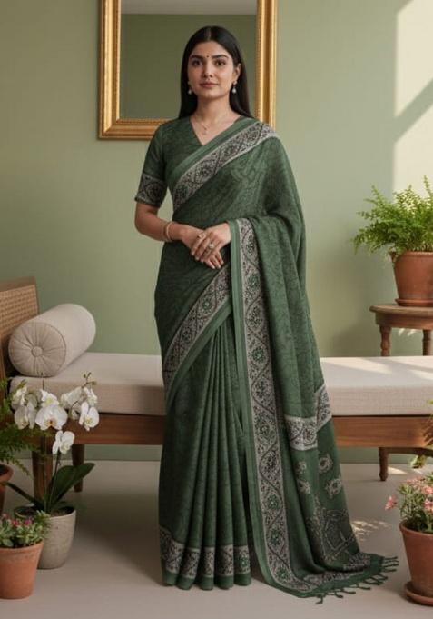 Mehndi Embroidery Crepe Saree Set