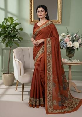 Orange Embroidery Crepe Saree Set