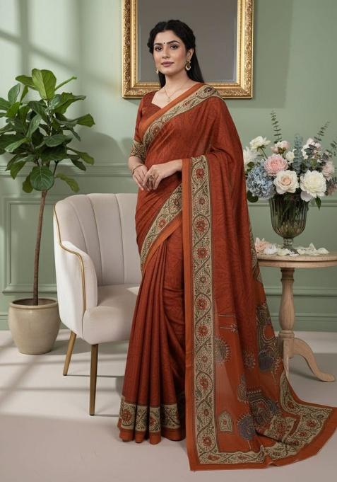 Orange Embroidery Crepe Saree Set