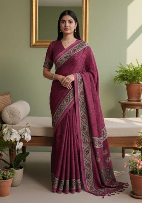 Pink Embroidery Crepe Saree Set