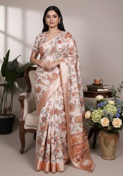 Cream Embroidery Silk Saree Set