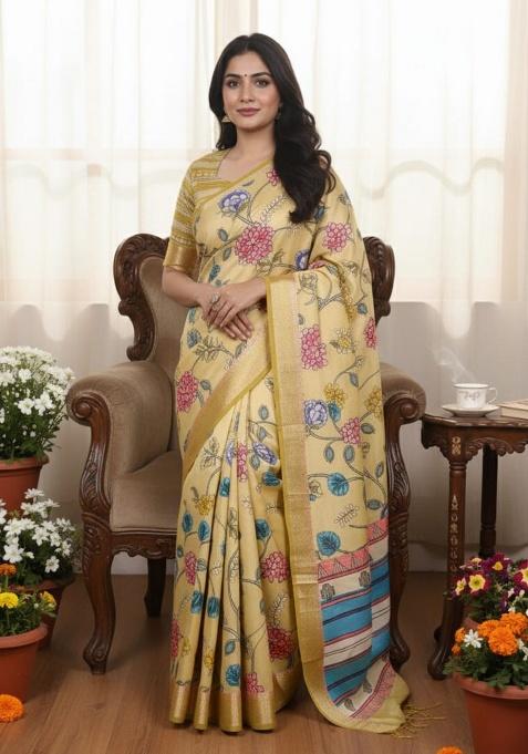 Lemon Embroidery Silk Saree Set