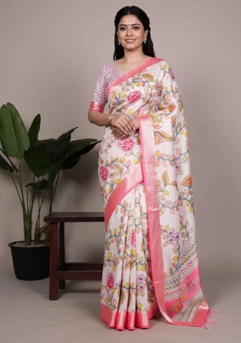 Off Embroidery Silk Blend Saree Set for Diwali and Festive Wear - Indya