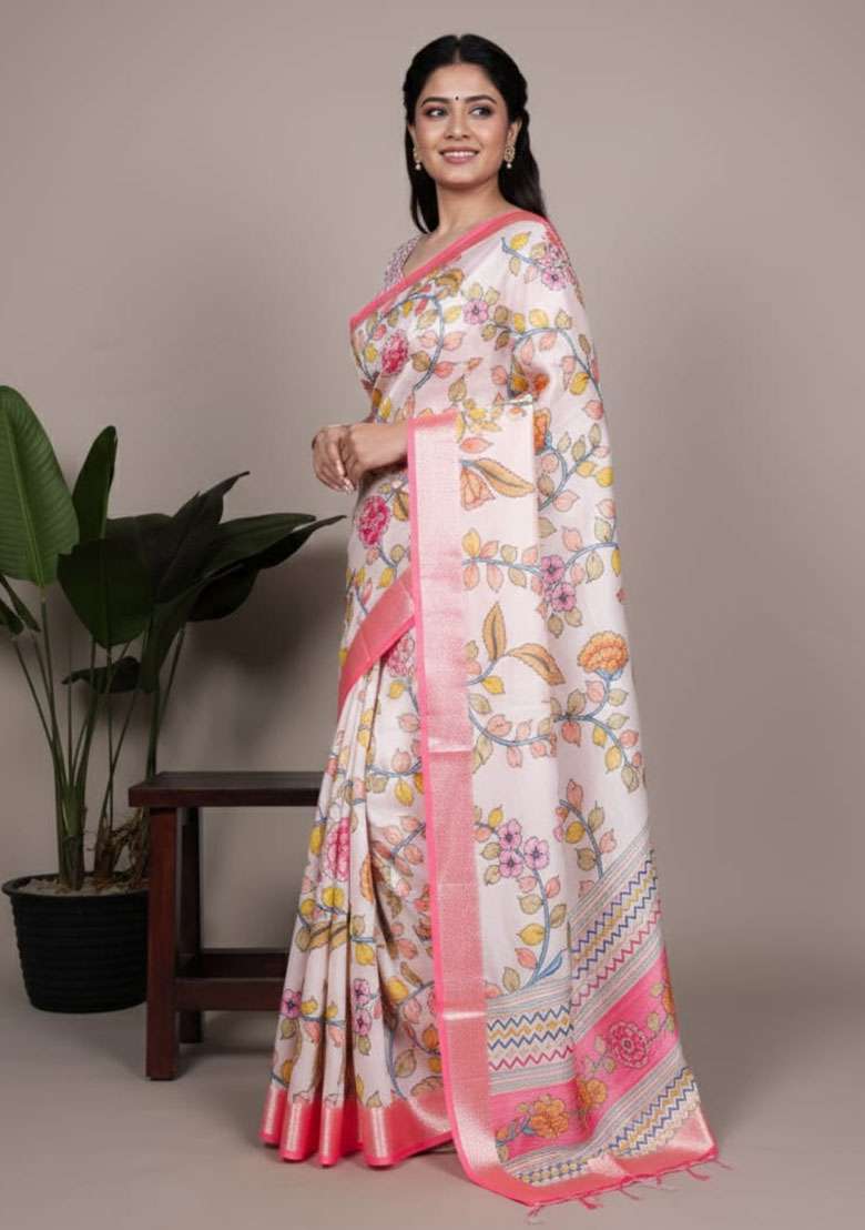 Off Embroidery Silk Blend Saree Set for Diwali and Festive Wear - Indya