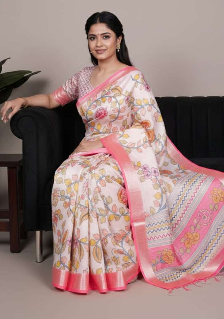 Off Embroidery Silk Blend Saree Set for Diwali and Festive Wear - Indya