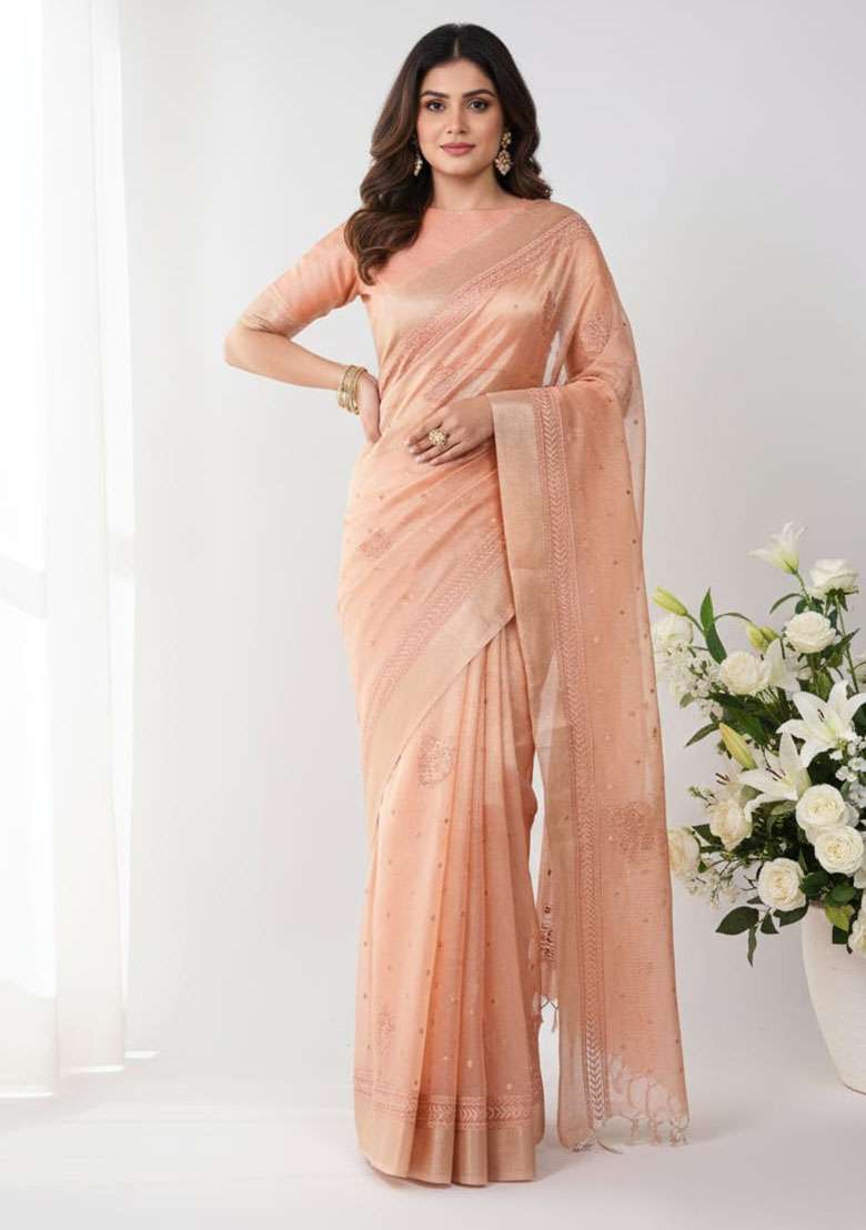 Orange Embroidery Poly Shimmer Saree Set - Indya