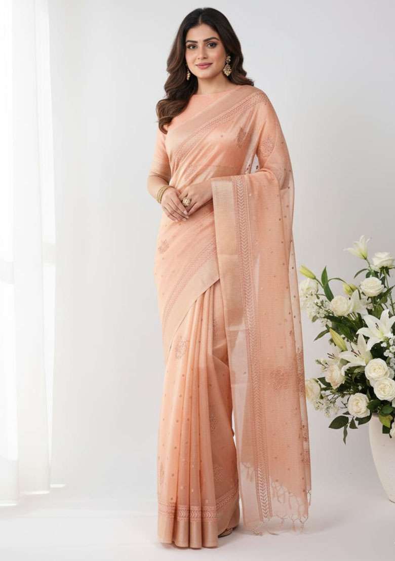 Orange Embroidery Poly Shimmer Saree Set - Indya