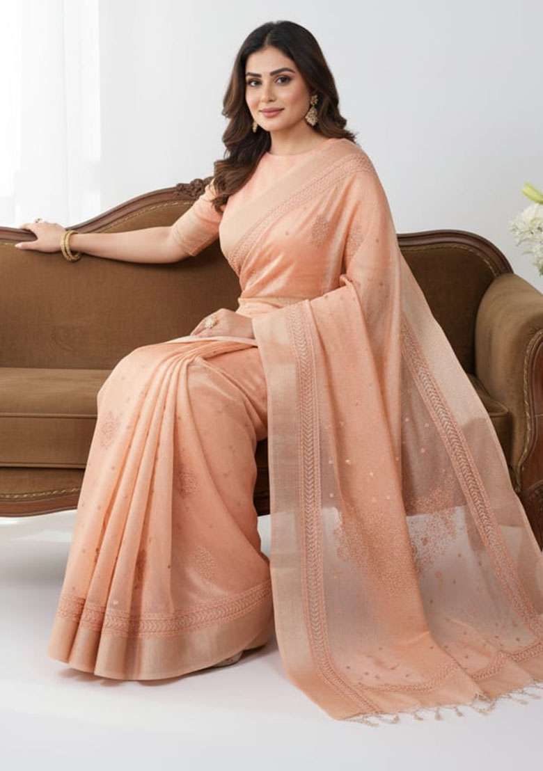 Orange Embroidery Poly Shimmer Saree Set - Indya