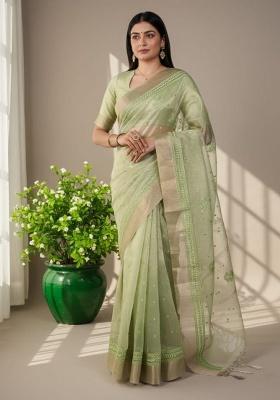 Pista Embroidery Poly Shimmer Saree Set