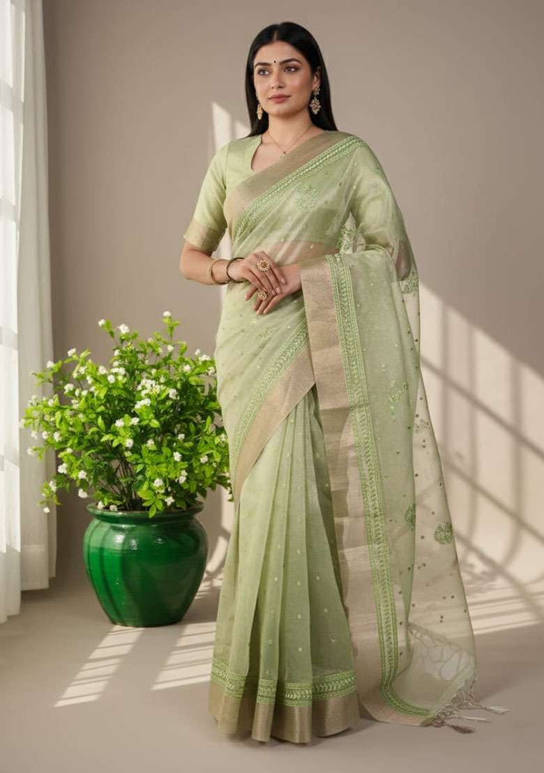 Pista Embroidery Poly Shimmer Saree Set - Indya