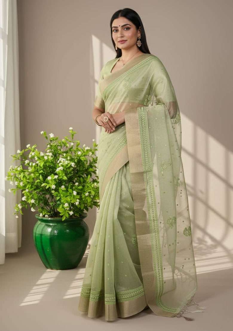Pista Embroidery Poly Shimmer Saree Set - Indya