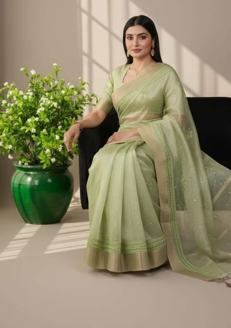 Pista Embroidery Poly Shimmer Saree Set - Indya