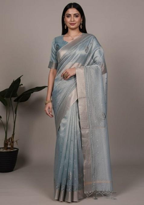 Sky Embroidery Poly Shimmer Saree Set