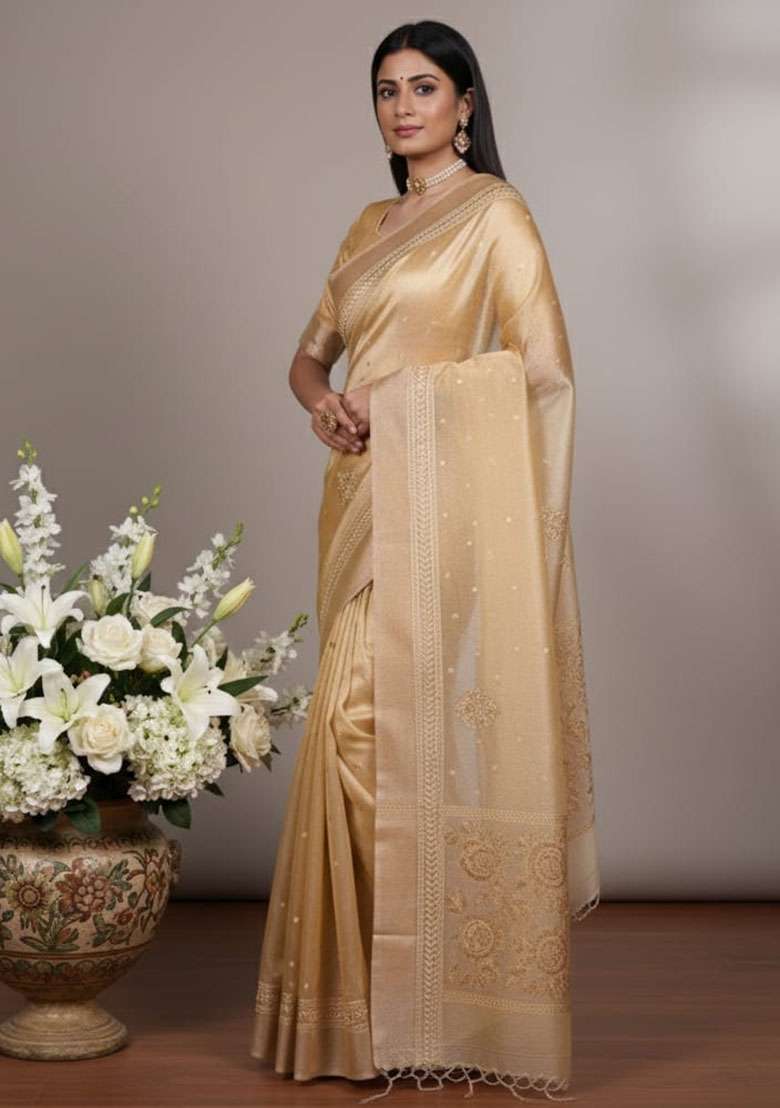 Yellow Embroidery Poly Shimmer Saree Set - Indya