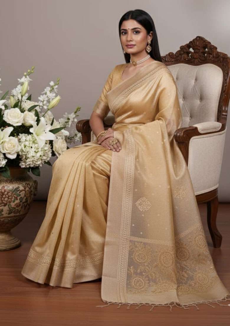 Yellow Embroidery Poly Shimmer Saree Set - Indya