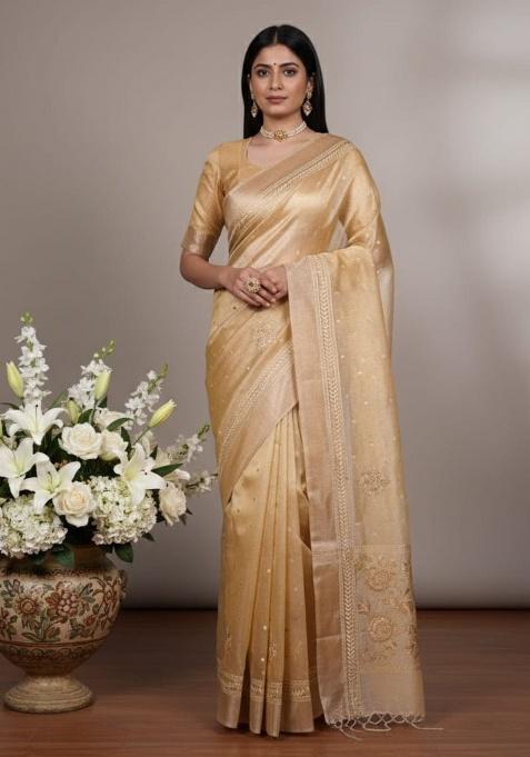Yellow Embroidery Poly Shimmer Saree Set
