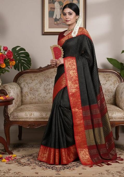 Black Embroidery Cotton Saree Set