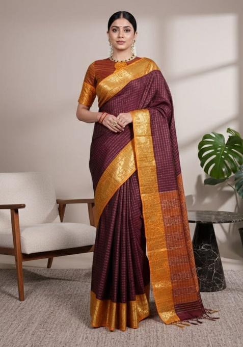 Maroon Embroidery Cotton Saree Set