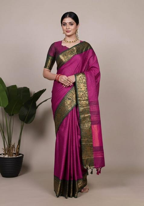 Pink Embroidery Cotton Saree Set