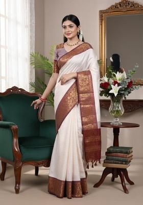 White Embroidery Cotton Saree Set