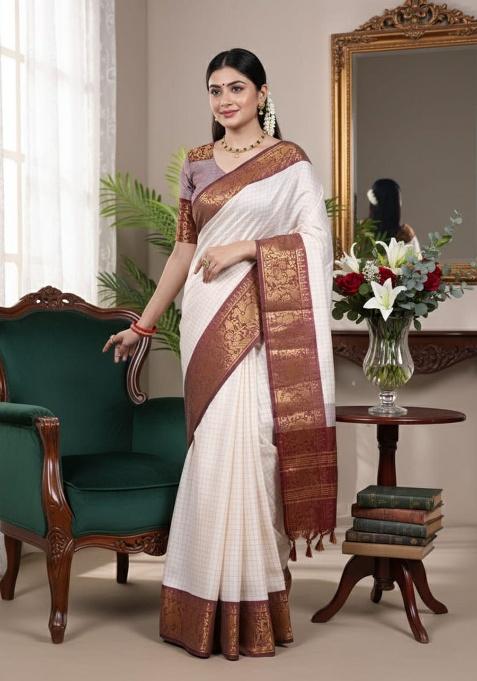 White Embroidery Cotton Saree Set