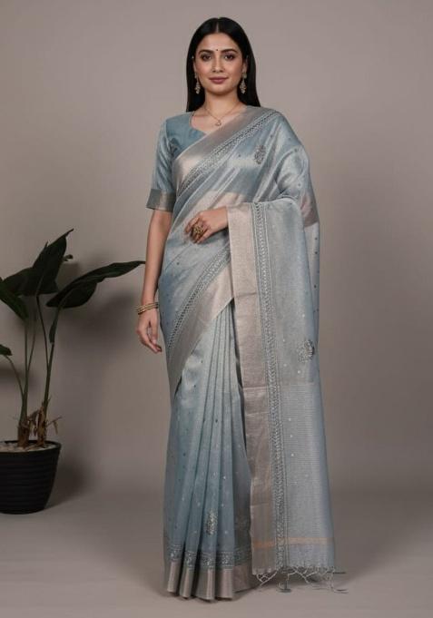Sky Embroidery Cotton Saree Set