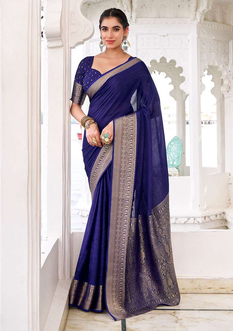 Navy Embroidery Chinon Saree Set - Indya