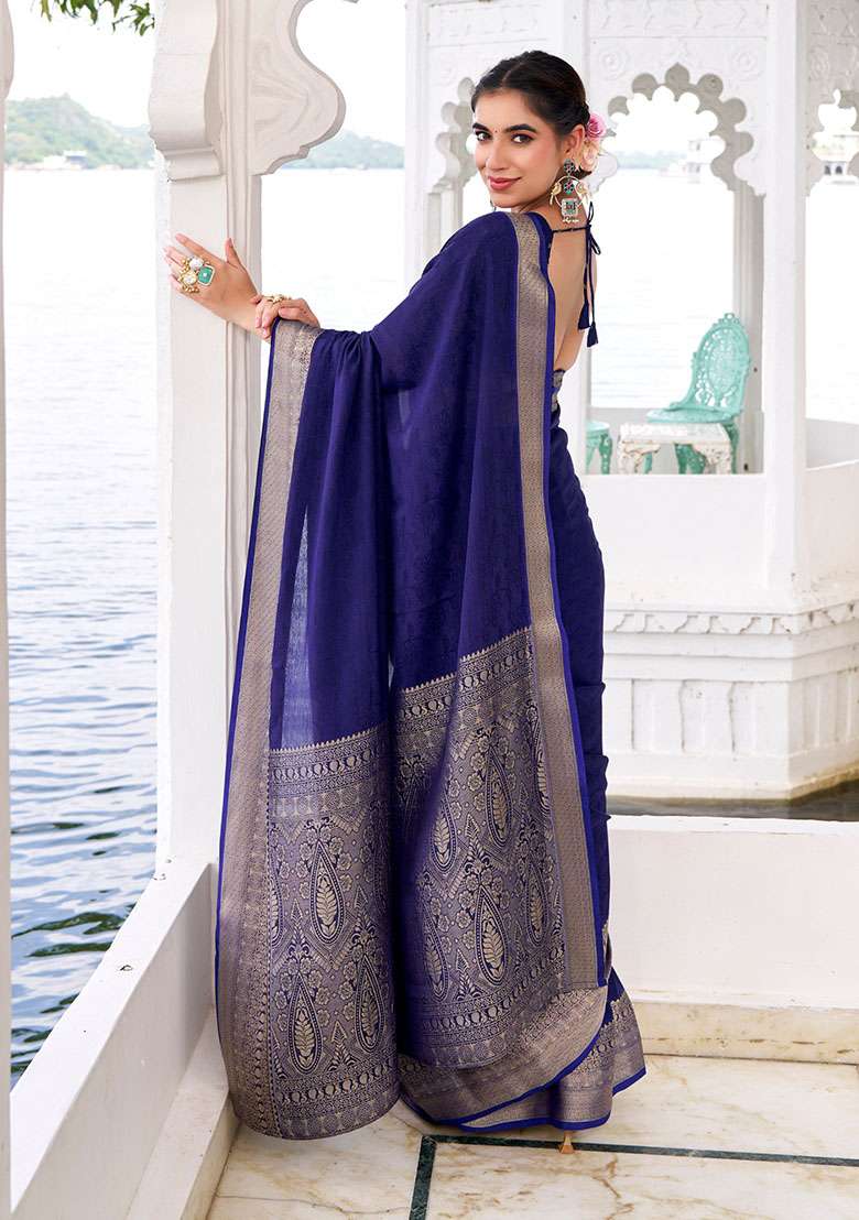 Navy Embroidery Chinon Saree Set - Indya