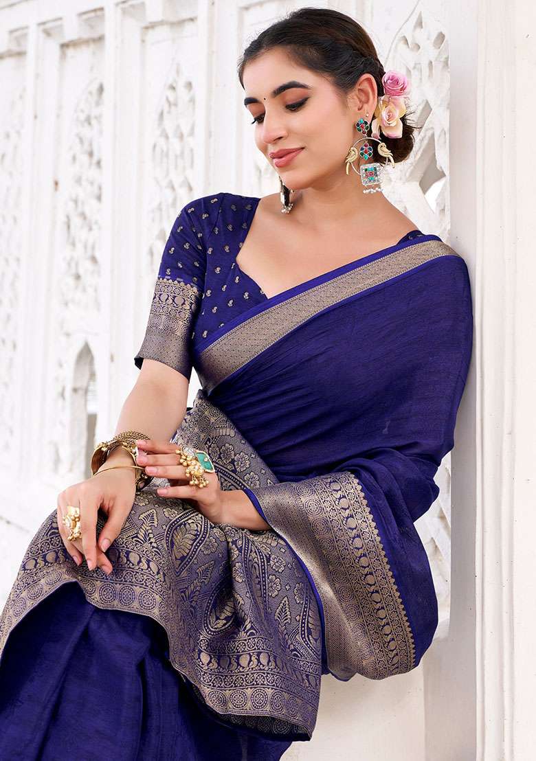 Navy Embroidery Chinon Saree Set - Indya