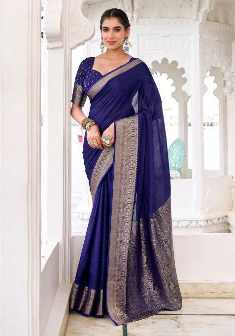Navy Embroidery Chinon Saree Set