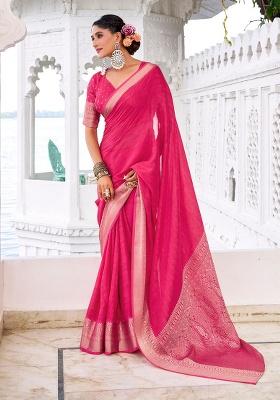 Pink Embroidery Chinon Saree Set