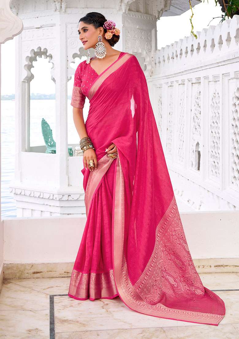 Pink Embroidery Chinon Saree Set - Indya