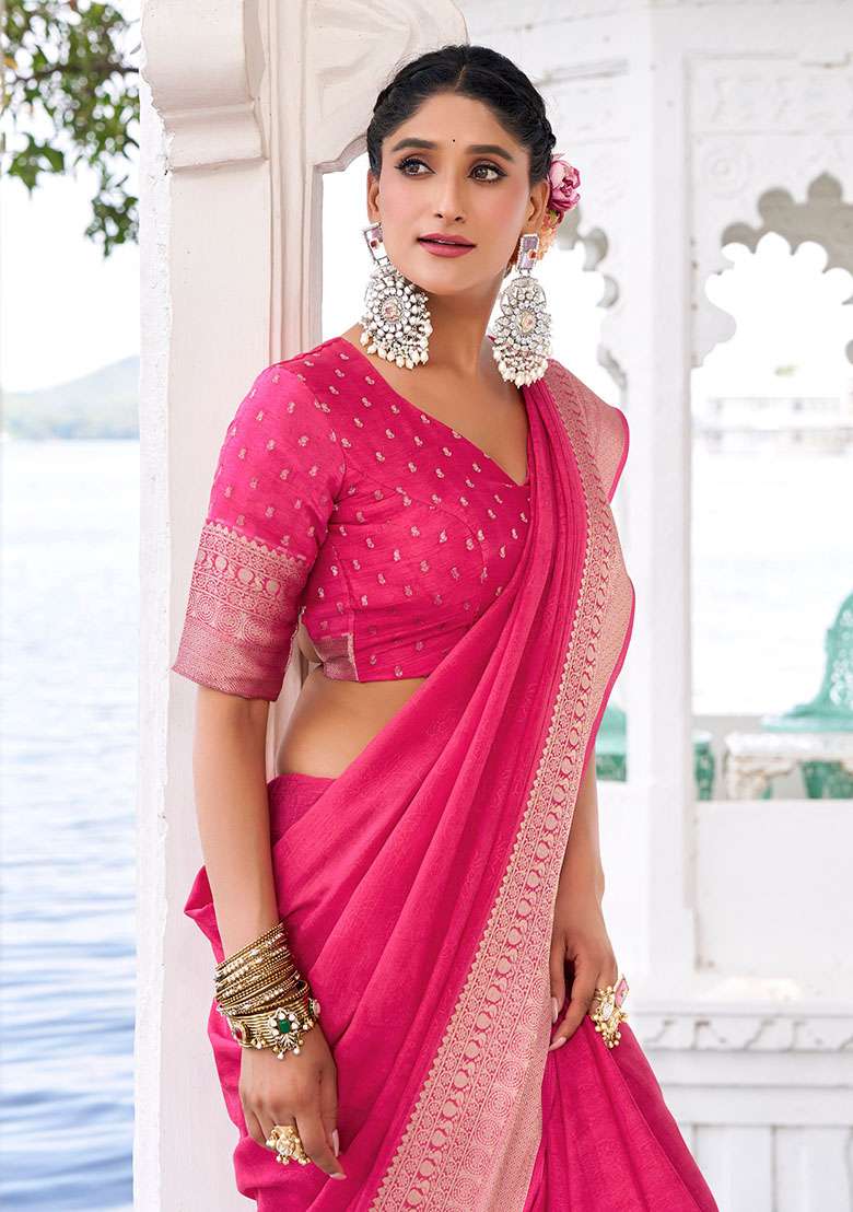 Pink Embroidery Chinon Saree Set - Indya