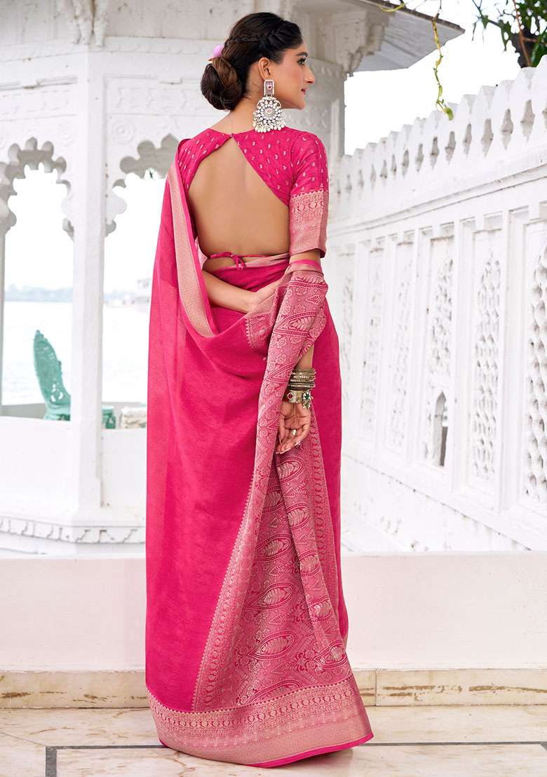 Pink Embroidery Chinon Saree Set - Indya