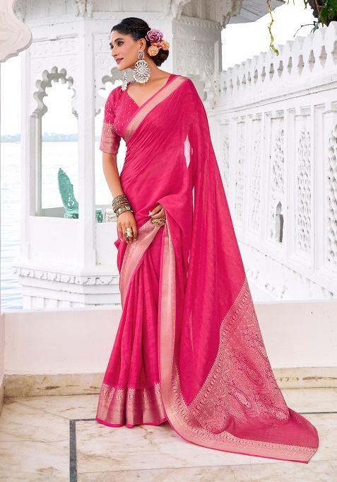 Pink Embroidery Chinon Saree Set