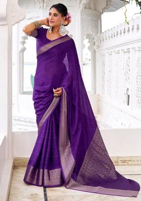 Purple Embroidery Chinon Saree Set