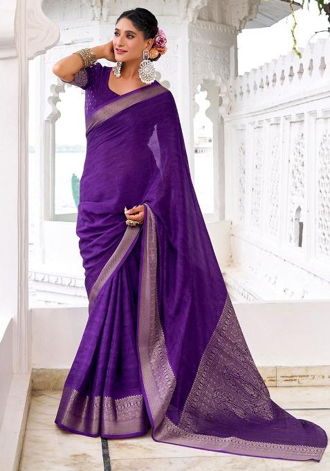 Purple Embroidery Chinon Saree Set