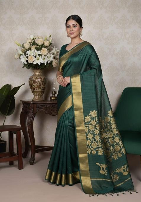 Green Embroidery Silk Saree Set