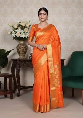 Orange Embroidery Silk Saree Set