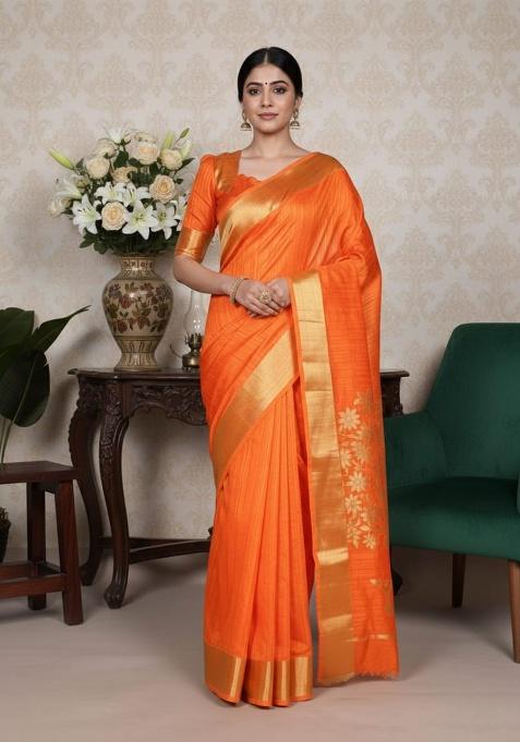 Orange Embroidery Silk Saree Set