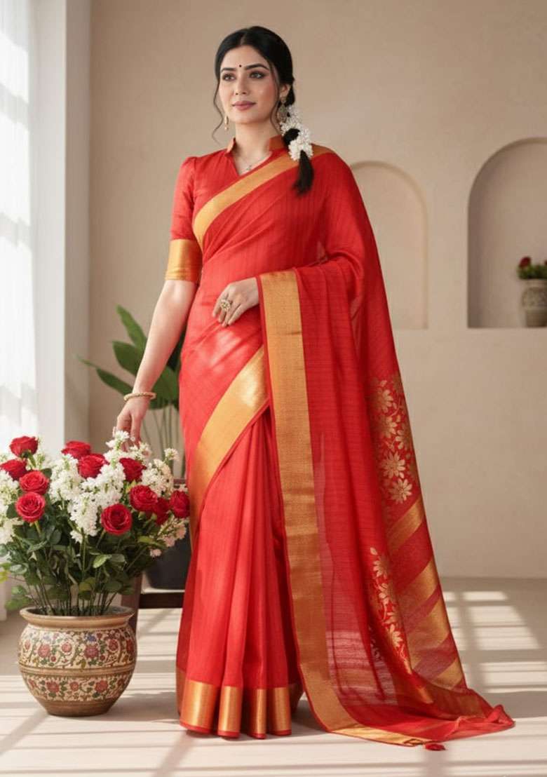 Red Embroidery Silk Blend Saree Set for Diwali and Festive Wear - Indya