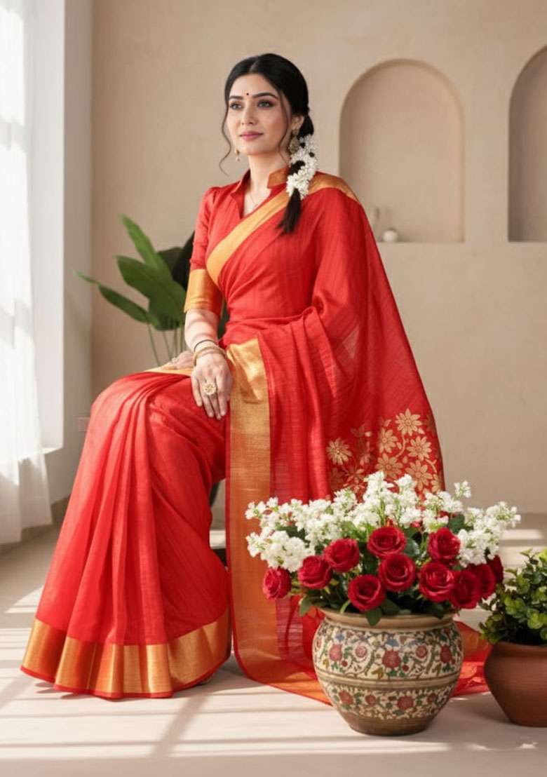Red Embroidery Silk Blend Saree Set for Diwali and Festive Wear - Indya