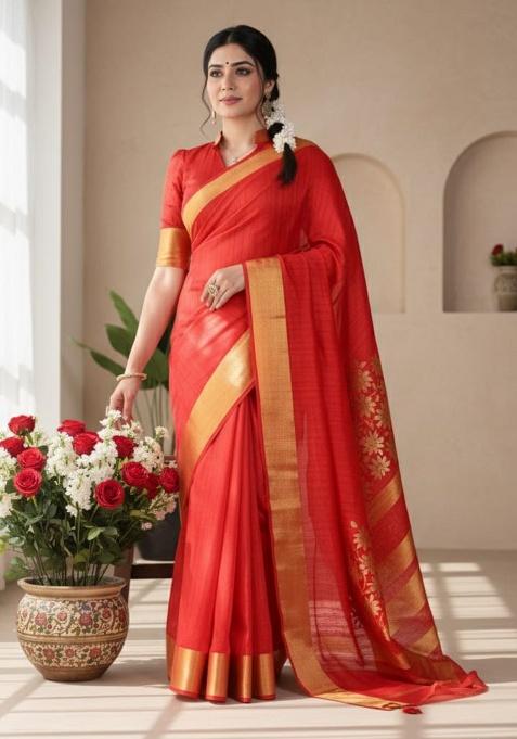 Red Embroidery Silk Saree Set