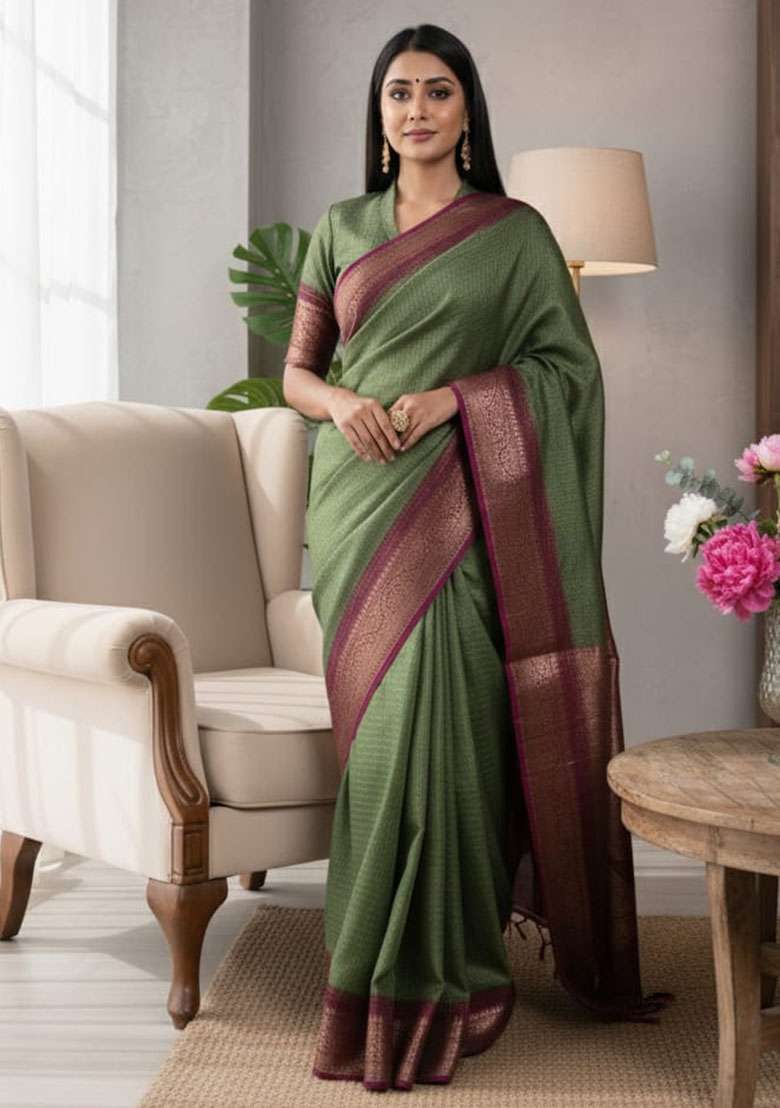 Mehndi Embroidery Blended Saree Set - Indya