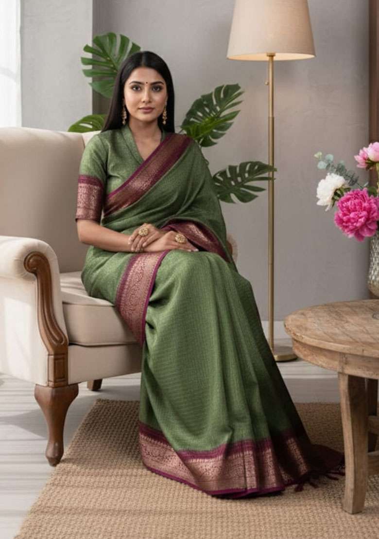 Mehndi Embroidery Blended Saree Set - Indya