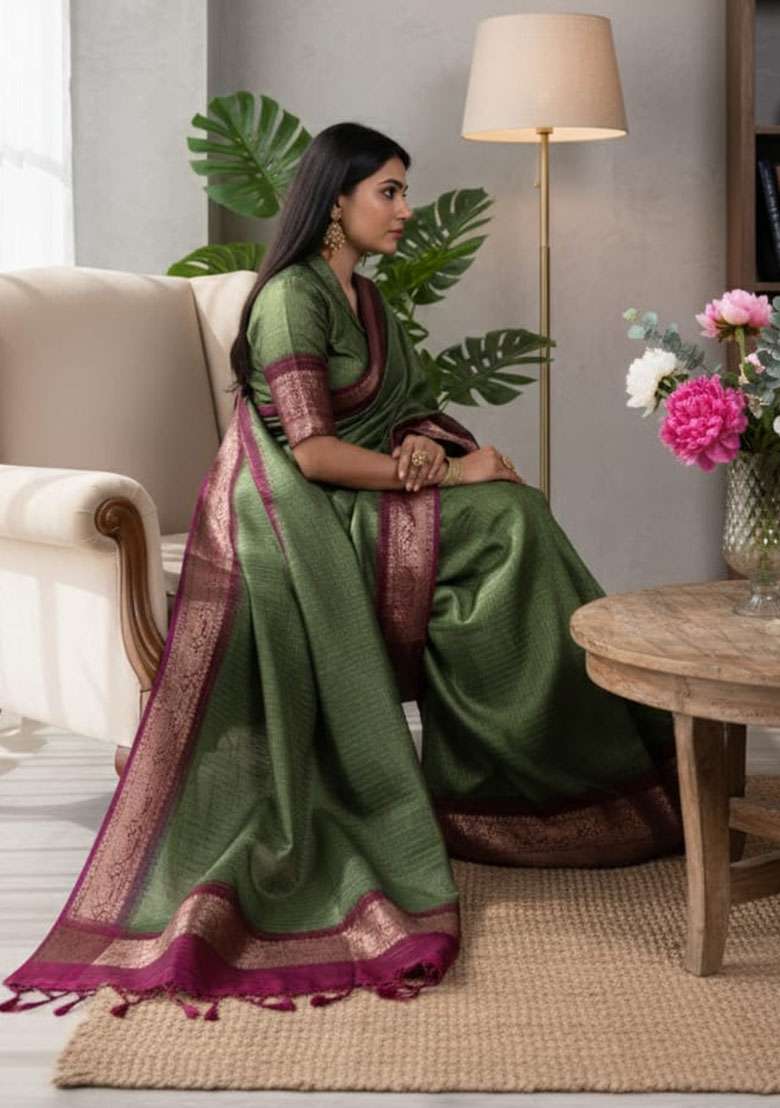 Mehndi Embroidery Blended Saree Set - Indya